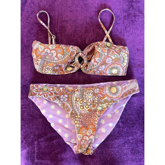BILLABONG X Smiley Good Times 2 Pc Bikini Set Bandeau Top Reversible Bottom L - Picture 5 of 10